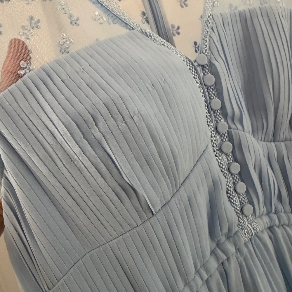 Self-Portrait Light Blue Chiffon Tiered Lace Midi Dress Pleated Short Sleeve 8 - Picture 3 of 8